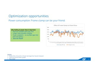 Optimization opportunities
45
Power consumption: Frame clamp can be your friend:
Activity:
• Dump CSVs of Current or Power discharge from System Analyzer
• Load into excel & make a graph
• Easy really!
Why looking at power draw is important:
• Improves available game play time
• Longer times between charging
• Fewer complaints – no one likes apps that
drain the battery
• Save the Planet!
Why looking at power draw is important:
• Improves available game play time
• Longer times between charging
• Fewer complaints – no one likes apps that
drain the battery
• Save the Planet!
 