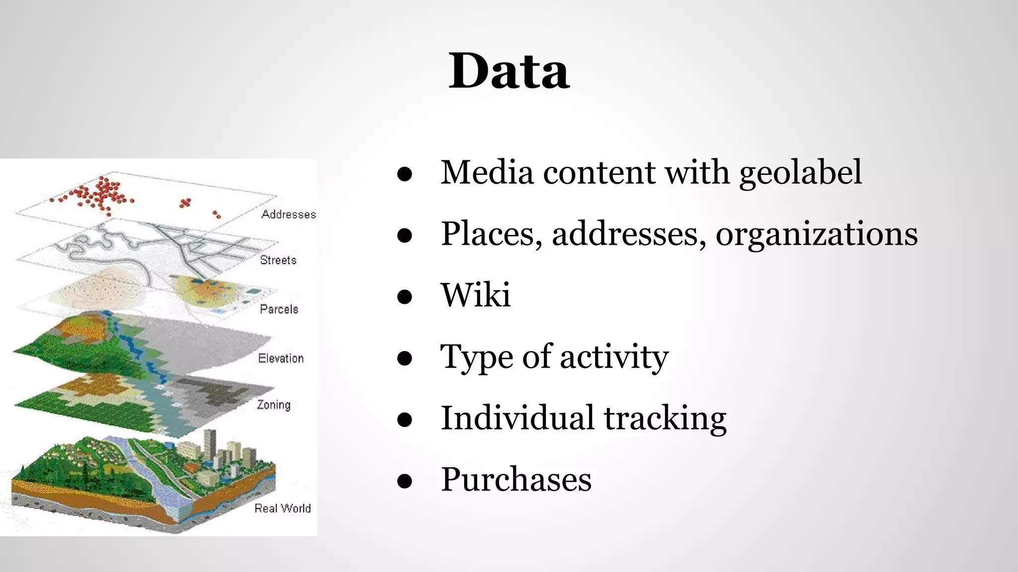 ● Media content with geolabel
● Places, addresses, organizations
● Wiki
● Type of activity
● Individual tracking
● Purchases
Data
 