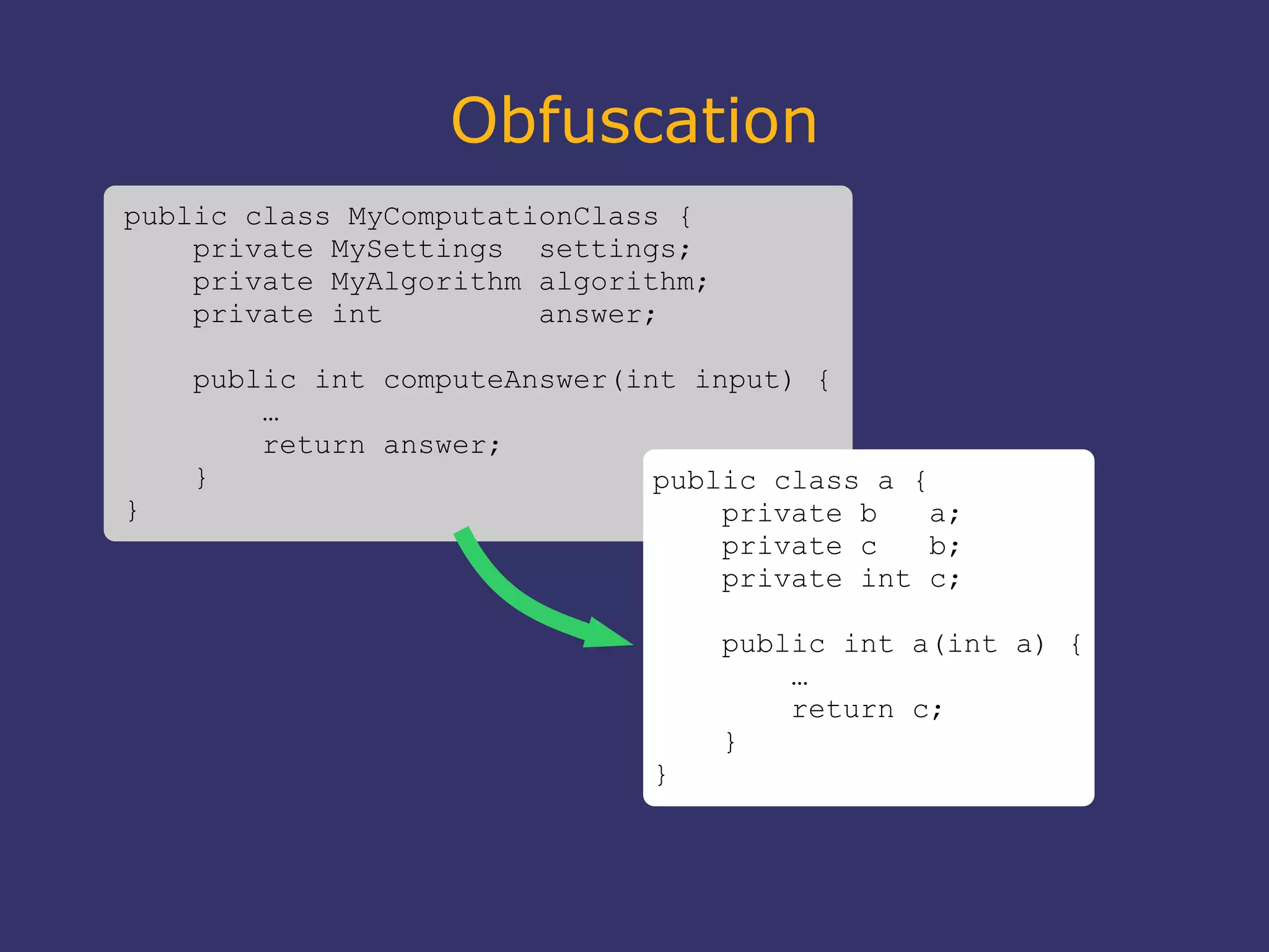 Obfuscation
public class MyComputationClass {
private MySettings settings;
private MyAlgorithm algorithm;
private int answer;
public int computeAnswer(int input) {
…
return answer;
}
}
public class a {
private b a;
private c b;
private int c;
public int a(int a) {
…
return c;
}
}
 