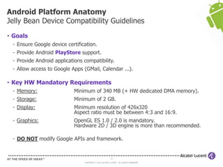 12
COPYRIGHT © 2013 ALCATEL-LUCENT. ALL RIGHTS RESERVED.
• Goals
- Ensure Google device certification.
- Provide Android PlayStore support.
- Provide Android applications compatibility.
- Allow access to Google Apps (GMail, Calendar ...).
• Key HW Mandatory Requirements
- Memory: Minimum of 340 MB (+ HW dedicated DMA memory).
- Storage: Minimum of 2 GB.
- Display: Minimum resolution of 426x320
Aspect ratio must be between 4:3 and 16:9.
- Graphics: OpenGL ES 1.0 / 2.0 is mandatory.
Hardware 2D / 3D engine is more than recommended.
- DO NOT modify Google APIs and framework.
Android Platform Anatomy
Jelly Bean Device Compatibility Guidelines
 