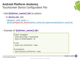 41
COPYRIGHT © 2013 ALCATEL-LUCENT. ALL RIGHTS RESERVED.
• Add ${driver_name}.idc to system:
- In device.mk, add:
- PRODUCT_COPY_FILES +=
device/company/my_device/${driver_name}.idc:system/usr/idc/${driver_name}.idc
• Example of ${driver_name}.idc:
Android Platform Anatomy
Touchscreen Device Configuration File
 