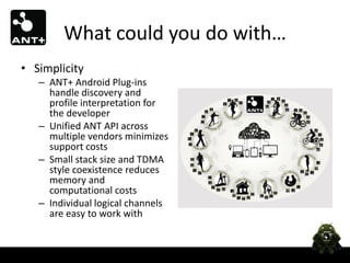 What could you do with…
• Simplicity
   – ANT+ Android Plug-ins
     handle discovery and
     profile interpretation for
     the developer
   – Unified ANT API across
     multiple vendors minimizes
     support costs
   – Small stack size and TDMA
     style coexistence reduces
     memory and
     computational costs
   – Individual logical channels
     are easy to work with
 
