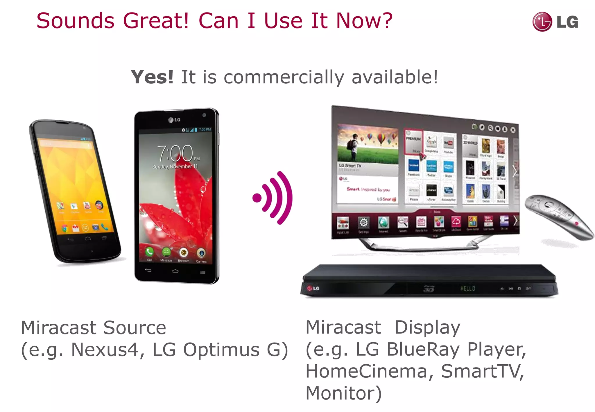 Sounds Great! Can I Use It Now?

           Yes! It is commercially available!




Miracast Source             Miracast Display
(e.g. Nexus4, LG Optimus G) (e.g. LG BlueRay Player,
                            HomeCinema, SmartTV,
                            Monitor)
 