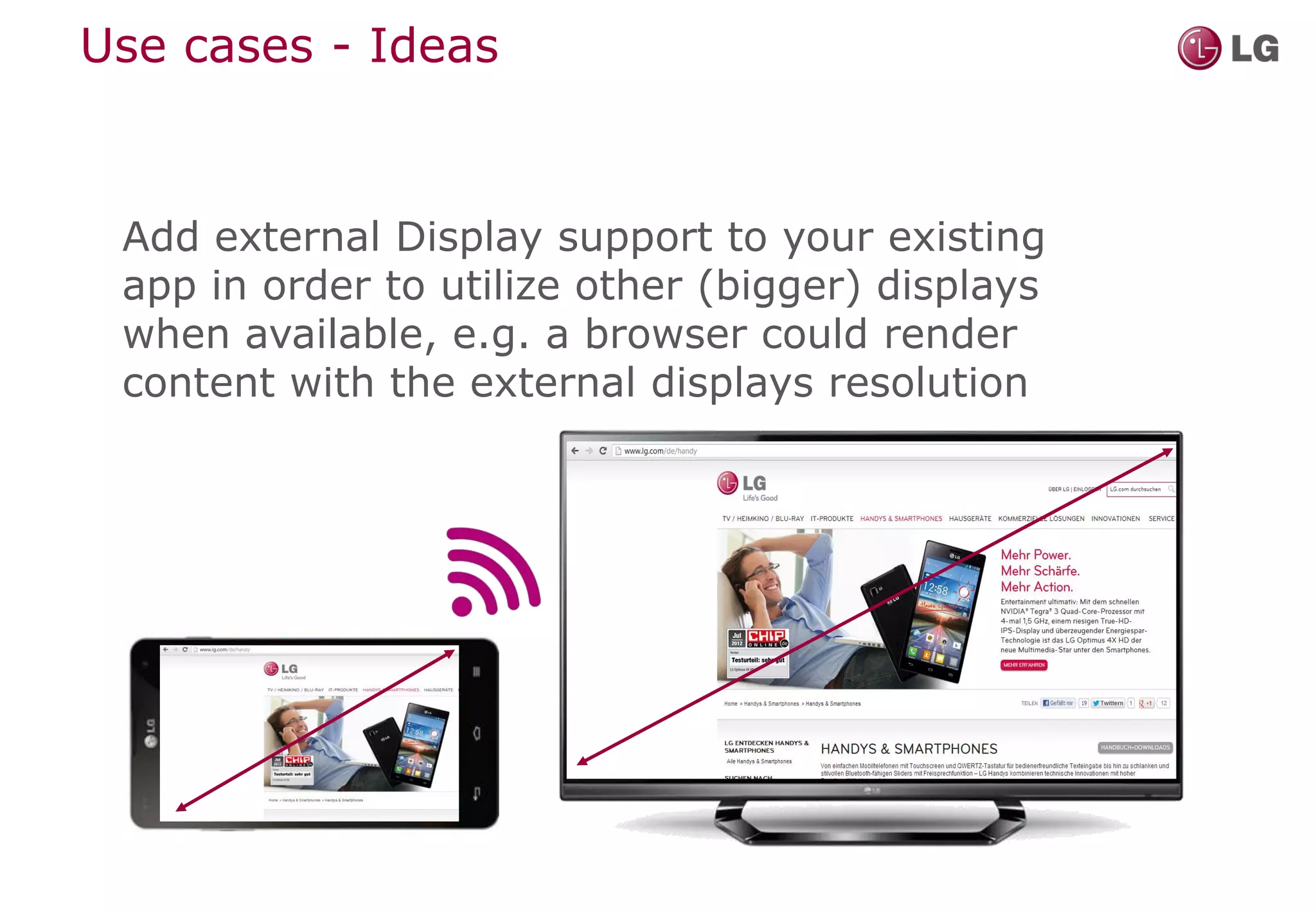 Use cases - Ideas



 Add external Display support to your existing
 app in order to utilize other (bigger) displays
 when available, e.g. a browser could render
 content with the external displays resolution
 