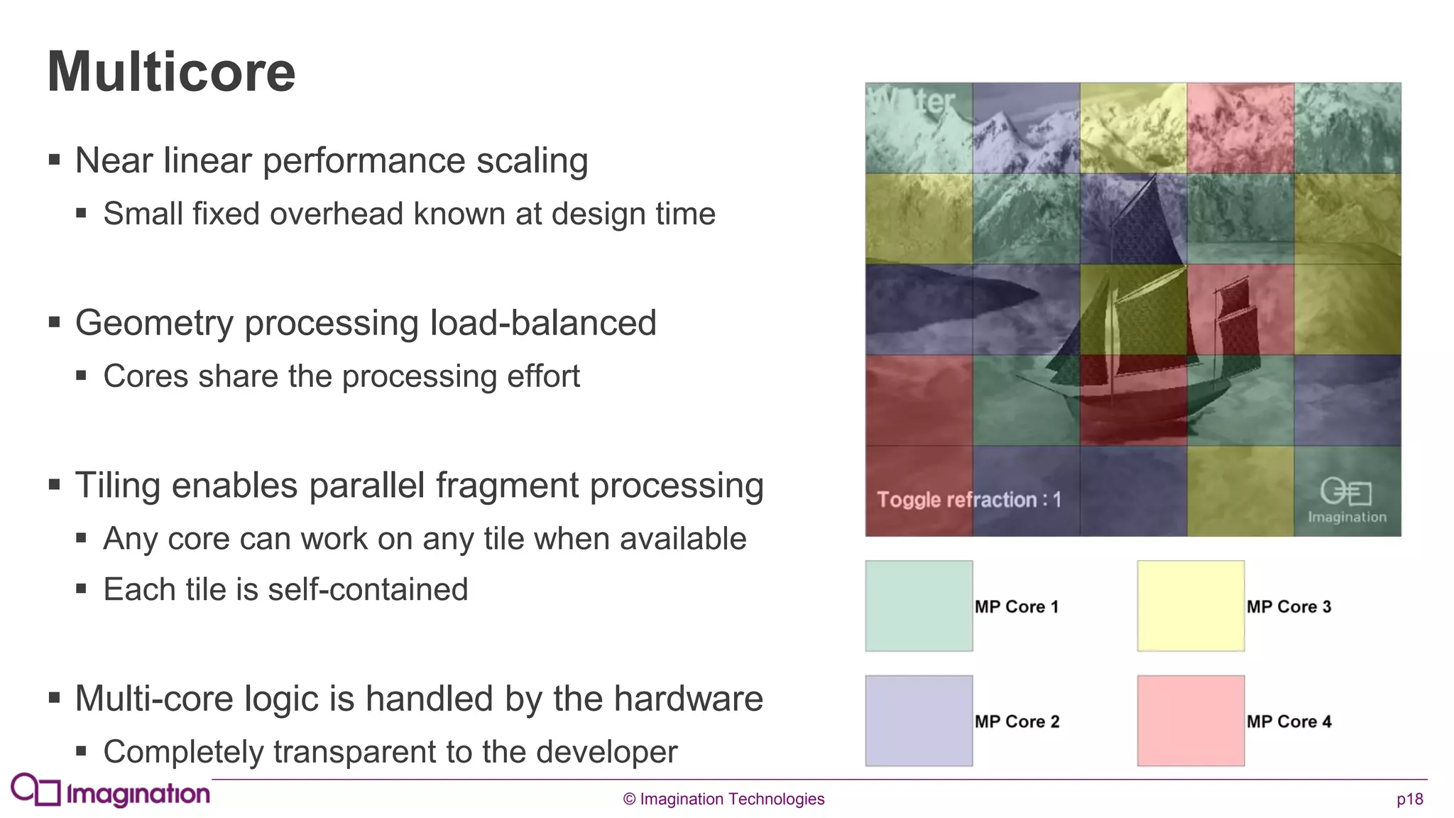 © Imagination Technologies p18
Multicore
 Near linear performance scaling
 Small fixed overhead known at design time
 Geometry processing load-balanced
 Cores share the processing effort
 Tiling enables parallel fragment processing
 Any core can work on any tile when available
 Each tile is self-contained
 Multi-core logic is handled by the hardware
 Completely transparent to the developer
 