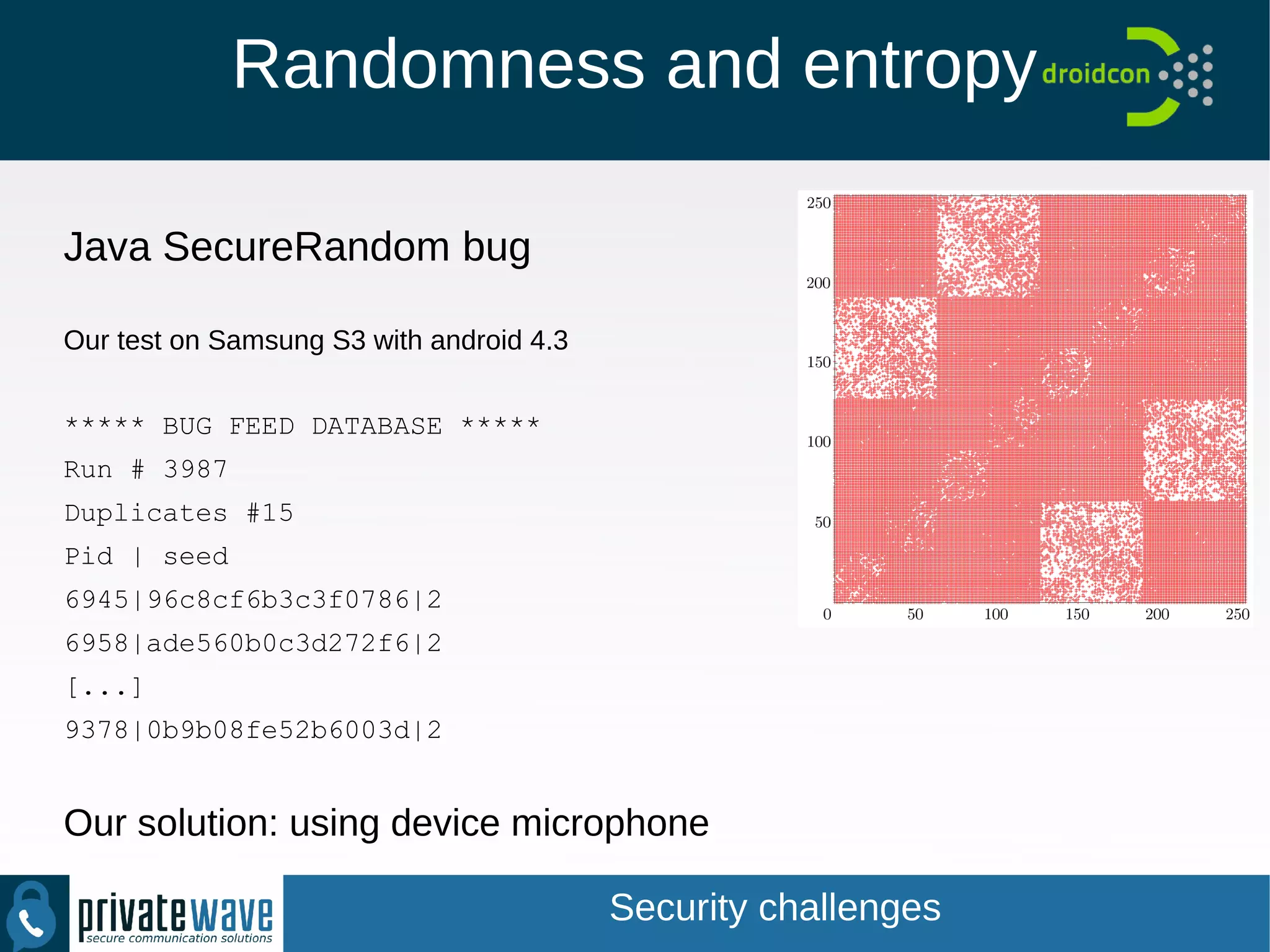 Randomness and entropy
Java SecureRandom bug
Our test on Samsung S3 with android 4.3
***** BUG FEED DATABASE *****
Run # 3987
Duplicates #15
Pid | seed
6945|96c8cf6b3c3f0786|2
6958|ade560b0c3d272f6|2
[...]
9378|0b9b08fe52b6003d|2
Our solution: using device microphone
Security challenges
 