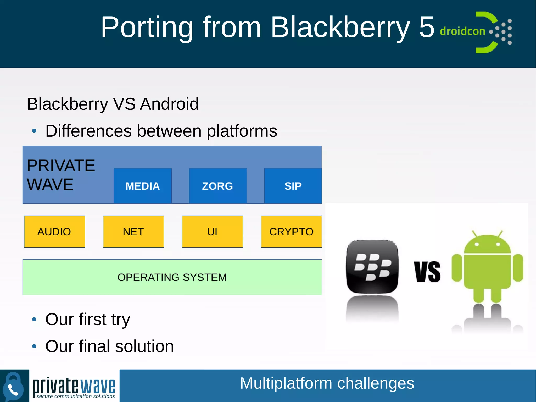 Porting from Blackberry 5
Blackberry VS Android
●
Differences between platforms
●
Our first try
●
Our final solution
Multiplatform challenges
 