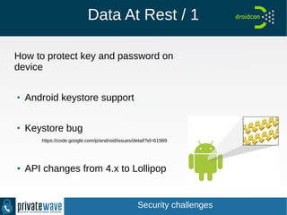 Data At Rest / 1
How to protect key and password on
device
●
Android keystore support
●
Keystore bug
https://code.google.com/p/android/issues/detail?id=61989
● API changes from 4.x to Lollipop
Security challenges
 
