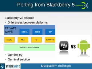 Porting from Blackberry 5
Blackberry VS Android
●
Differences between platforms
●
Our first try
●
Our final solution
Multiplatform challenges
 