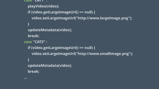 case "CAT1" :
playVideo(video);
if (video.getLargeImageUrl() == null) {
video.setLargeImageUrl("http://www.largeImage.png");
}
updateMetadata(video);
break;
case "CAT2" :
if (video.getLargeImageUrl() == null) {
video.setLargeImageUrl("http://www.smallImage.png");
}
updateMetadata(video);
break;
…
 
