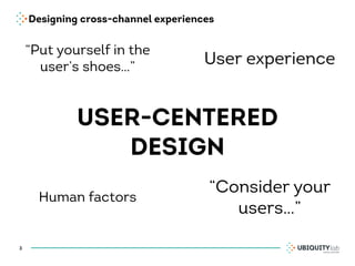 Designing cross-channel experiences
3
USER-CENTERED
DESIGN
“Consider your
users…”
User experience
“Put yourself in the
user’s shoes…”
Human factors
 