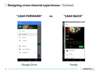 Designing cross-channel experiences / Context
9
“LEAN FORWARD” “LEAN BACK”vs.
Google Drive Feedly
 