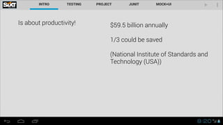 Is about productivity! $59.5 billion annually
!
1/3 could be saved
!
(National Institute of Standards and
Technology (USA))
 