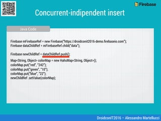 Concurrent-indipendent insert
Firebase mFirebaseRef = new Firebase(“https://droidconit2016-demo.ﬁrebaseio.com”);
Firebase ...