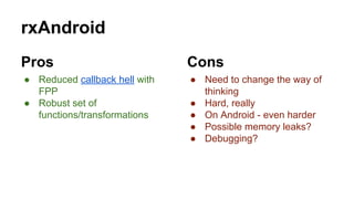 rxAndroid
Pros
● Reduced callback hell with
FPP
● Robust set of
functions/transformations
Cons
● Need to change the way of
thinking
● Hard, really
● On Android - even harder
● Possible memory leaks?
● Debugging?
 