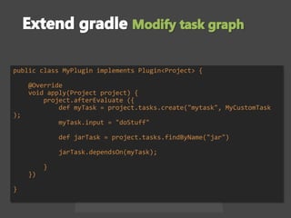 public class MyPlugin implements Plugin<Project> {
@Override
void apply(Project project) {
project.afterEvaluate ({
def myTask = project.tasks.create("mytask", MyCustomTask
);
myTask.input = "doStuff"
def jarTask = project.tasks.findByName("jar")
jarTask.dependsOn(myTask);
}
})
}
 