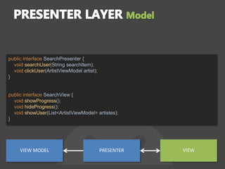 public interface SearchPresenter {
void searchUser(String searchItem);
void clickUser(ArtistViewModel artist);
}
public interface SearchView {
void showProgress();
void hideProgress();
void showUser(List<ArtistViewModel> artistes);
}
VIEW MODEL PRESENTER VIEW
 