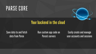 PARSE CORE 
Your backend in the cloud 
Save data to and fetch 
data from Parse 
Run custom app code on 
Parse’s servers 
Easily create and manage 
user accounts and sessions 
 