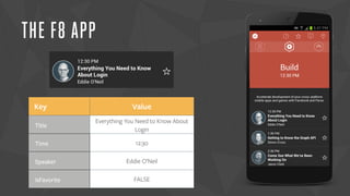 THE F8 APP 
Key Value 
Title 
Everything You Need to Know About 
Login 
Time 12:30 
Speaker Eddie O’Neil 
isFavorite FALSE 
 