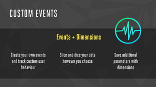CUSTOM EVENTS 
Events + Dimensions 
Create your own events 
and track custom user 
behaviour 
Slice and dice your data 
however you choose 
Save additional 
parameters with 
dimensions 
 