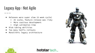 Legacy App : Not Agile
● Releases were super slow (6 week cycle)
○ At scale, feature release was risky
○ More cautious development
○ High validation time
● Risk taking abilities
● Too many hotfix rollouts
● Monolithic legacy architecture
 