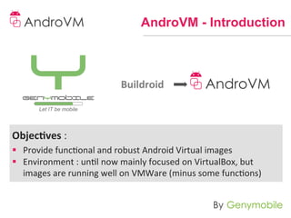 AndroVM - Introduction



                                      Buildroid	
  



Objec-ves	
  :	
  	
  
§  Provide	
  funconal	
  and	
  robust	
  Android	
  Virtual	
  images	
  	
  
§  Environment	
  :	
  unl	
  now	
  mainly	
  focused	
  on	
  VirtualBox,	
  but	
  
    images	
  are	
  running	
  well	
  on	
  VMWare	
  (minus	
  some	
  funcons)	
  
                                                	
  
 