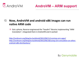 AndroVM – ARM support



Now,	
  AndroVM	
  and	
  android-­‐x86	
  images	
  can	
  run	
  
na-ve	
  ARM	
  code	
  
	
  
à  Got	
  a	
  phone,	
  Reverse-­‐engineered	
  the	
  “houdini”	
  libraries	
  implemenng	
  “ARM	
  
     translaon”,	
  Integrated	
  them	
  in	
  AndroVM	
  and	
  it	
  worked	
  
	
  
	
  
h]p://androvm.org/blog/ex-­‐buildroid/2012/06/11/running-­‐arm-­‐apps/	
  
h]p://androvm.org/blog/ex-­‐buildroid/2012/06/18/using-­‐arm-­‐emulaon-­‐on-­‐other-­‐
android-­‐x86-­‐distribuons/	
  
 