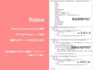 RxJava
Reactive ExtensionのJava実装
FrilではPromiseとして使用
複雑なAPIコールを宣言的に記述
商品情報のPOSTと画像アップロード
を順に行う様子
商品情報POST
画像を4枚POST
レスポンス
レスポンス
 