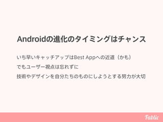 Androidの進化のタイミングはチャンス
いち早いキャッチアップはBest Appへの近道（かも）
でもユーザー視点は忘れずに
技術やデザインを自分たちのものにしようとする努力が大切
 