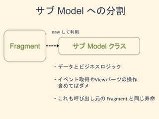 Fragment サブ Model クラス
new して利用
・データとビジネスロジック
・イベント取得やViewパーツの操作
含めてはダメ
・これも呼び出し元の Fragment と同じ寿命
サブ Model への分割
 