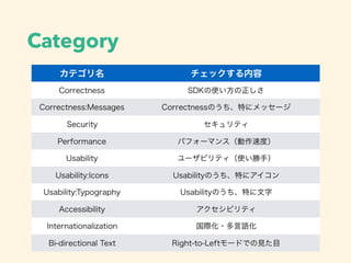 Category
カテゴリ名 チェックする内容
Correctness SDKの使い方の正しさ
Correctness:Messages Correctnessのうち、特にメッセージ
Security セキュリティ
Performance パフォーマンス（動作速度）
Usability ユーザビリティ（使い勝手）
Usability:Icons Usabilityのうち、特にアイコン
Usability:Typography Usabilityのうち、特に文字
Accessibility アクセシビリティ
Internationalization 国際化・多言語化
Bi-directional Text Right-to-Leftモードでの見た目
 