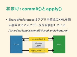 おまけ: commit()とapply()
• SharedPreferencesはアプリ内領域のXMLを読
み書きすることでデータを永続化している 
/data/data/[applicationId]/shared_prefs/hoge.xml
Editor XML
Memory
Cache
commit()は待つ
apply()は待たない
 