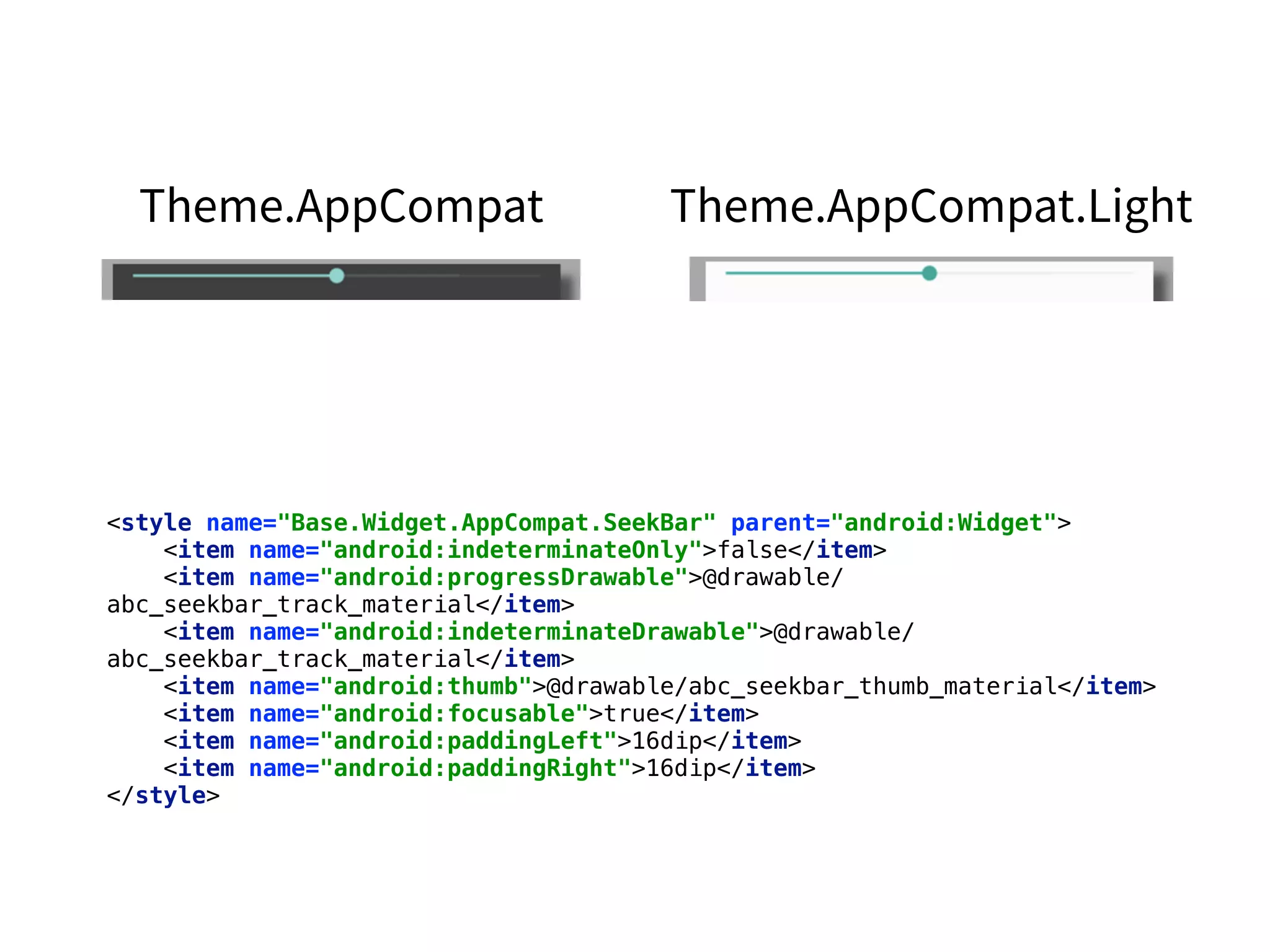 <style name="Base.Widget.AppCompat.SeekBar" parent="android:Widget"> 
<item name="android:indeterminateOnly">false</item> 
<item name="android:progressDrawable">@drawable/
abc_seekbar_track_material</item> 
<item name="android:indeterminateDrawable">@drawable/
abc_seekbar_track_material</item> 
<item name="android:thumb">@drawable/abc_seekbar_thumb_material</item> 
<item name="android:focusable">true</item> 
<item name="android:paddingLeft">16dip</item> 
<item name="android:paddingRight">16dip</item> 
</style>
 