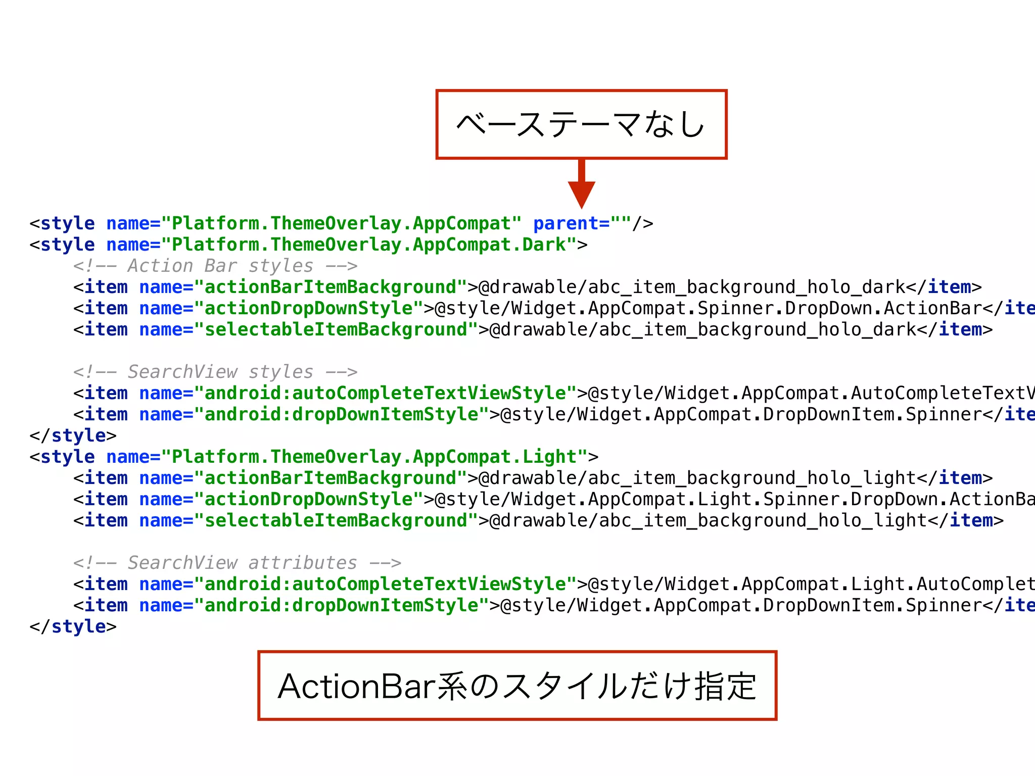 <style name="Platform.ThemeOverlay.AppCompat" parent=""/> 
<style name="Platform.ThemeOverlay.AppCompat.Dark"> 
<!-- Action Bar styles --> 
<item name="actionBarItemBackground">@drawable/abc_item_background_holo_dark</item> 
<item name="actionDropDownStyle">@style/Widget.AppCompat.Spinner.DropDown.ActionBar</ite
<item name="selectableItemBackground">@drawable/abc_item_background_holo_dark</item> 
 
<!-- SearchView styles --> 
<item name="android:autoCompleteTextViewStyle">@style/Widget.AppCompat.AutoCompleteTextV
<item name="android:dropDownItemStyle">@style/Widget.AppCompat.DropDownItem.Spinner</ite
</style> 
<style name="Platform.ThemeOverlay.AppCompat.Light"> 
<item name="actionBarItemBackground">@drawable/abc_item_background_holo_light</item> 
<item name="actionDropDownStyle">@style/Widget.AppCompat.Light.Spinner.DropDown.ActionBa
<item name="selectableItemBackground">@drawable/abc_item_background_holo_light</item> 
 
<!-- SearchView attributes --> 
<item name="android:autoCompleteTextViewStyle">@style/Widget.AppCompat.Light.AutoComplet
<item name="android:dropDownItemStyle">@style/Widget.AppCompat.DropDownItem.Spinner</ite
</style>
ベーステーマなし
ActionBar系のスタイルだけ指定
 