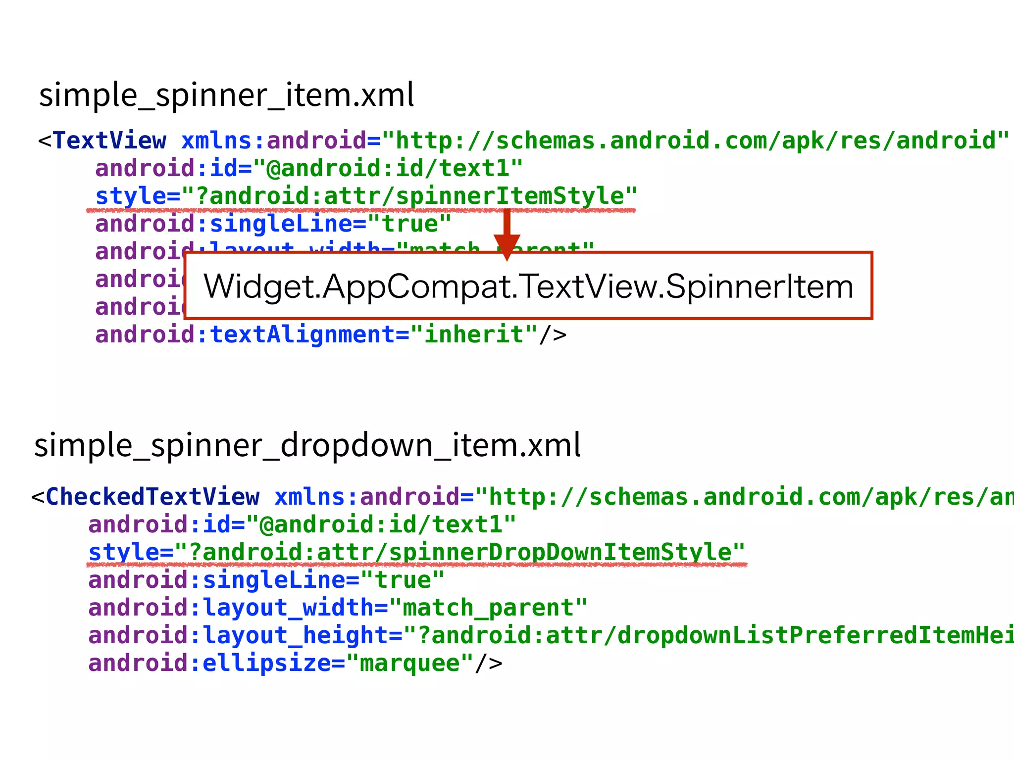<TextView xmlns:android="http://schemas.android.com/apk/res/android"
android:id="@android:id/text1" 
style="?android:attr/spinnerItemStyle" 
android:singleLine="true" 
android:layout_width="match_parent" 
android:layout_height="wrap_content" 
android:ellipsize="marquee" 
android:textAlignment="inherit"/>
<CheckedTextView xmlns:android="http://schemas.android.com/apk/res/an
android:id="@android:id/text1" 
style="?android:attr/spinnerDropDownItemStyle" 
android:singleLine="true" 
android:layout_width="match_parent" 
android:layout_height="?android:attr/dropdownListPreferredItemHei
android:ellipsize="marquee"/>
Widget.AppCompat.TextView.SpinnerItem
 