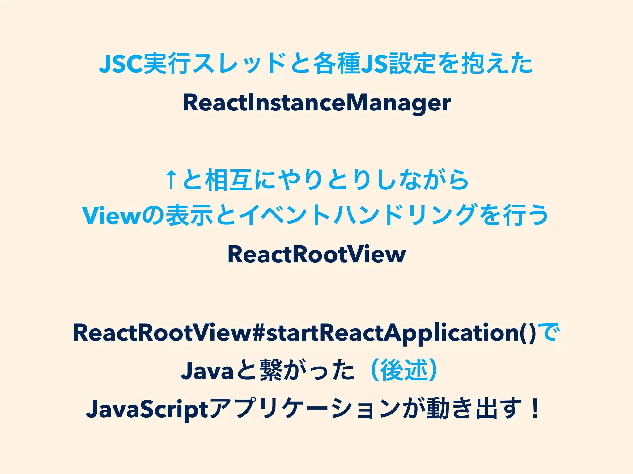 JSC JS
ReactInstanceManager
↑
View
ReactRootView
ReactRootView#startReactApplication()
Java
JavaScript
 