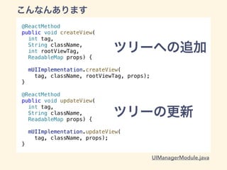 @ReactMethod
public void createView(
int tag,
String className,
int rootViewTag,
ReadableMap props) {
mUIImplementation.createView(
tag, className, rootViewTag, props);
}
@ReactMethod
public void updateView(
int tag,
String className,
ReadableMap props) {
mUIImplementation.updateView(
tag, className, props);
}
UIManagerModule.java
 