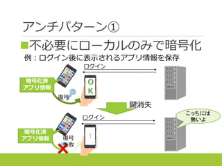 アンチパターン①
不必要にローカルのみで暗号化
例：ログイン後に表示されるアプリ情報を保存
ログイン
復号
暗号化済
アプリ情報
こっちには
無いよ
鍵消失
O
K
ログイン
暗号化済
アプリ情報 復号
失敗
…
 