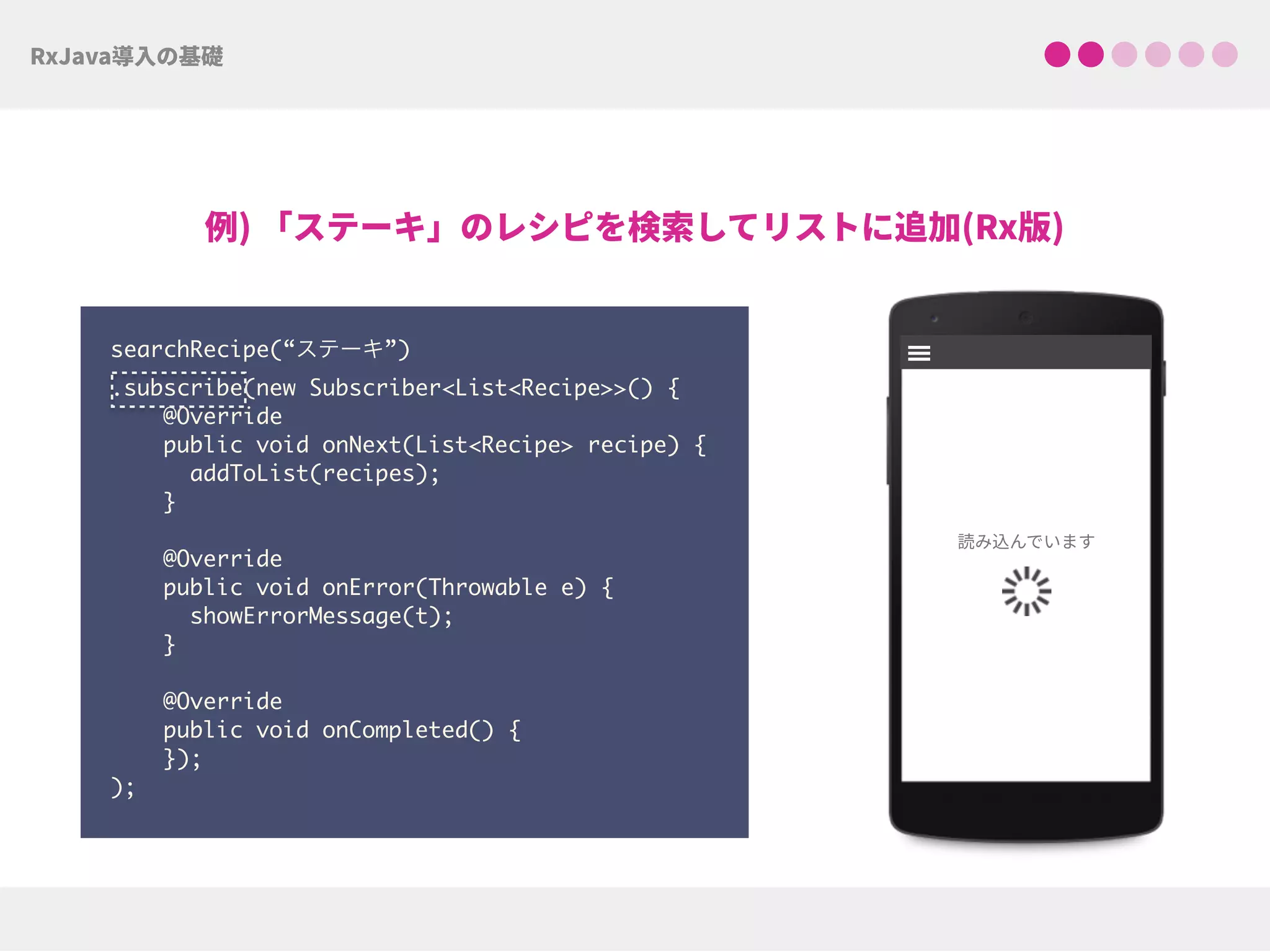 searchRecipe(“ステーキ”)
.subscribe(new Subscriber<List<Recipe>>() { 
@Override 
public void onNext(List<Recipe> recipe) { 
addToList(recipes); 
} 
@Override 
public void onError(Throwable e) { 
showErrorMessage(t); 
} 
 
@Override 
public void onCompleted() {  
});
);
 