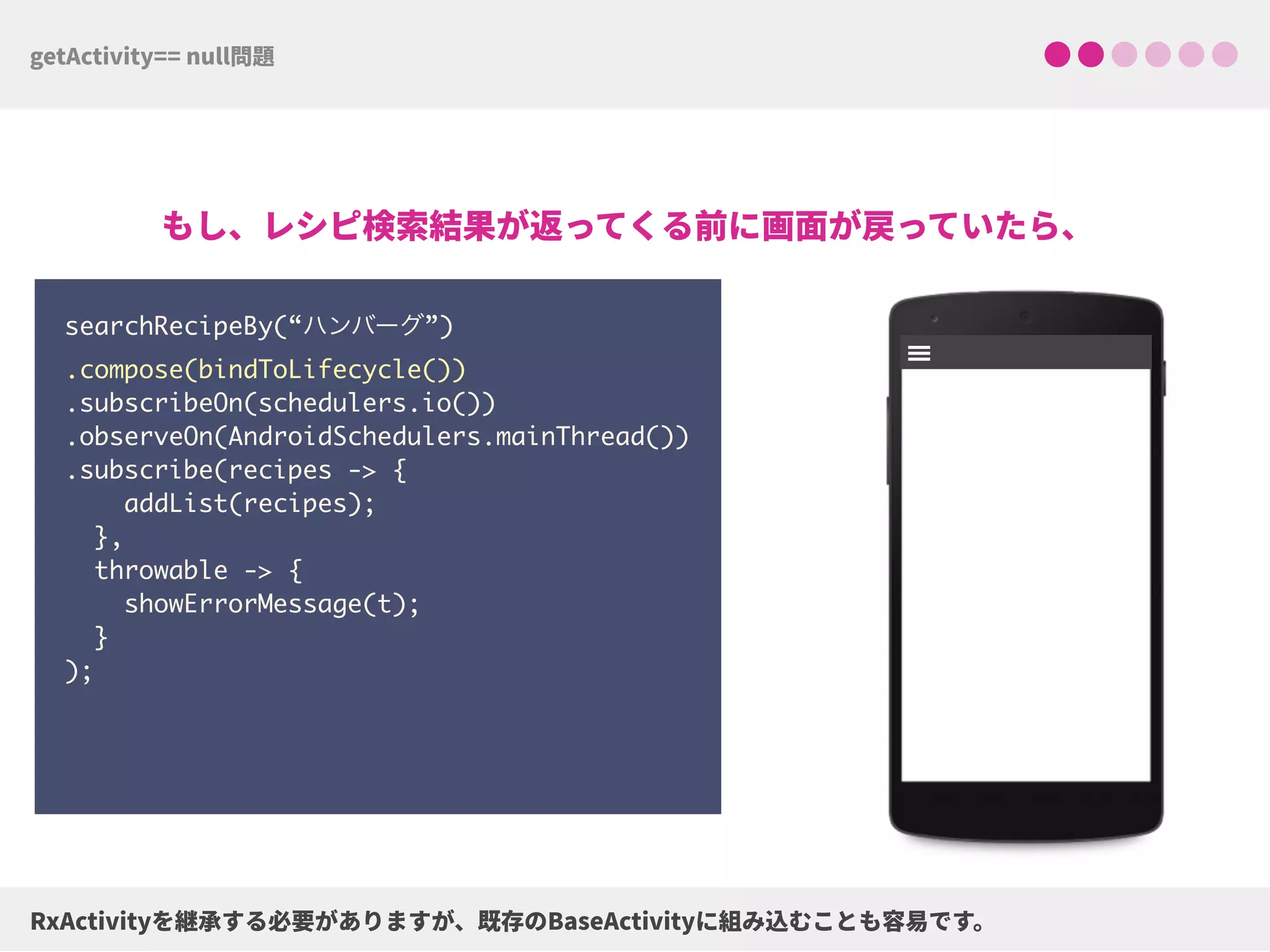 searchRecipeBy(“ハンバーグ”)
.compose(bindToLifecycle()) 
.subscribeOn(schedulers.io()) 
.observeOn(AndroidSchedulers.mainThread())
.subscribe(recipes -> {
addList(recipes);
},
throwable -> {
showErrorMessage(t);
}
);
 