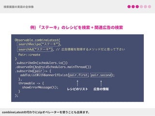 Observable.combineLatest(
searchRecipe(“ステーキ”),
searchAd(“ステーキ”), // 広告情報を取得するメソッドだと思って下さい
Pair::create
) 
.subscribeOn(schedulers.io()) 
.observeOn(AndroidSchedulers.mainThread())
.subscribe(pair -> {
addToListWithBannerIfExist(pair.first, pair.second);
},
throwable -> {
showErrorMessage(t);
}
);
 