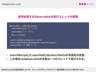 Observable.combineLatest(
searchRecipe(“ステーキ”),
searchAd(“ステーキ”),
Pair::create
) 
.subscribeOn(schedulers.io()) 
.observeOn(AndroidSchedulers.mainThread())
.subscribe( /* 省略 */ );
 