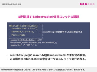 Observable.combineLatest(
searchRecipe(“ステーキ”),
searchAd(“ステーキ”),
Pair::create
) 
.subscribeOn(schedulers.io()) 
.observeOn(AndroidSchedulers.mainThread())
.subscribe( /* 省略 */ );
 