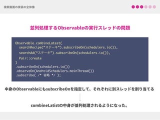 Observable.combineLatest(
searchRecipe(“ステーキ”).subscribeOn(schedulers.io()),
searchAd(“ステーキ”).subscribeOn(schedulers.io()),
Pair::create
) 
.subscribeOn(schedulers.io()) 
.observeOn(AndroidSchedulers.mainThread())
.subscribe( /* 省略 */ );
 
