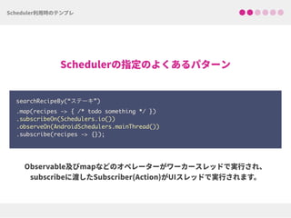 searchRecipeBy(“ステーキ”) 
.map(recipes -> { /* todo something */ }) 
.subscribeOn(Schedulers.io())
.observeOn(AndroidSchedulers.mainThread())
.subscribe(recipes -> {});
 
 