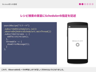 searchRecipe(“ステーキ”) 
.subscribeOn(schedulers.io()) 
.observeOn(AndroidSchedulers.mainThread())
.subscribe(recipes -> {
addToList(recipes);
},
throwable -> {
showErrorMessage(t);
}
);
 