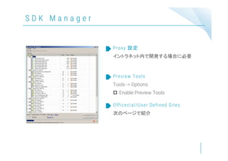 S D K M a n a g e r
イントラネット内で開発する場合に必要
Proxy 設定
Tools -> Options
 Enable Preview Tools
Preview Tools
次のページで紹介
Officecial/User Defined Sites
 