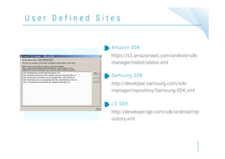 U s e r D e f i n e d S i t e s
https://s3.amazonaws.com/android-sdk-
manager/redist/addon.xml
Amazon SDK
http://developer.samsung.com/sdk-
manager/repository/Samsung-SDK.xml
Samsung SDK
http://developer.lge.com/sdk/android/rep
ository.xml
LG SDK
 
