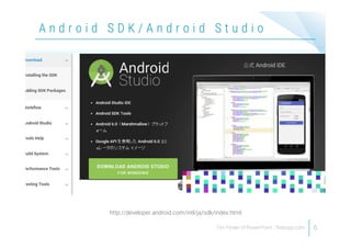 6
A n d r o i d S D K / A n d r o i d S t u d i o
http://developer.android.com/intl/ja/sdk/index.html
 