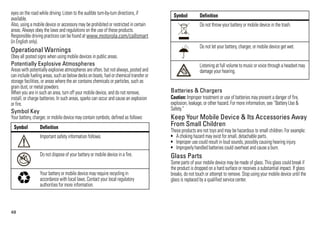 eyes on the road while driving. Listen to the audible turn-by-turn directions, if        Symbol          Definition
available.
Also, using a mobile device or accessory may be prohibited or restricted in certain                      Do not throw your battery or mobile device in the trash.
areas. Always obey the laws and regulations on the use of these products.
Responsible driving practices can be found at www.motorola.com/callsmart
(in English only).
                                                                                                         Do not let your battery, charger, or mobile device get wet.
Operational Warnings
Obey all posted signs when using mobile devices in public areas.
Potentially Explosive Atmospheres                                                                        Listening at full volume to music or voice through a headset may
Areas with potentially explosive atmospheres are often, but not always, posted and                       damage your hearing.
can include fueling areas, such as below decks on boats, fuel or chemical transfer or
storage facilities, or areas where the air contains chemicals or particles, such as
grain dust, or metal powders.
When you are in such an area, turn off your mobile device, and do not remove,           Batteries & Chargers
install, or charge batteries. In such areas, sparks can occur and cause an explosion    Caution: Improper treatment or use of batteries may present a danger of fire,
or fire.                                                                                explosion, leakage, or other hazard. For more information, see “Battery Use &
Symbol Key                                                                              Safety.”
Your battery, charger, or mobile device may contain symbols, defined as follows:        Keep Your Mobile Device & Its Accessories Away
 Symbol          Definition
                                                                                        From Small Children
                                                                                        These products are not toys and may be hazardous to small children. For example:
     032374o
                 Important safety information follows.                                  • A choking hazard may exist for small, detachable parts.
                                                                                        • Improper use could result in loud sounds, possibly causing hearing injury.
                                                                                        • Improperly handled batteries could overheat and cause a burn.
                 Do not dispose of your battery or mobile device in a fire.             Glass Parts
     032376o
                                                                                        Some parts of your mobile device may be made of glass. This glass could break if
                                                                                        the product is dropped on a hard surface or receives a substantial impact. If glass
                 Your battery or mobile device may require recycling in                 breaks, do not touch or attempt to remove. Stop using your mobile device until the
       032375o
                 accordance with local laws. Contact your local regulatory              glass is replaced by a qualified service center.
                 authorities for more information.



48
 